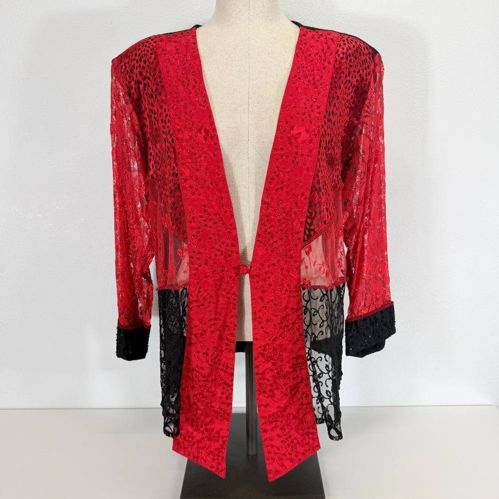 Midnight Velvet Vintage Whimsygoth Red Black Patchwork Jacquard‎ Kimono Jacket